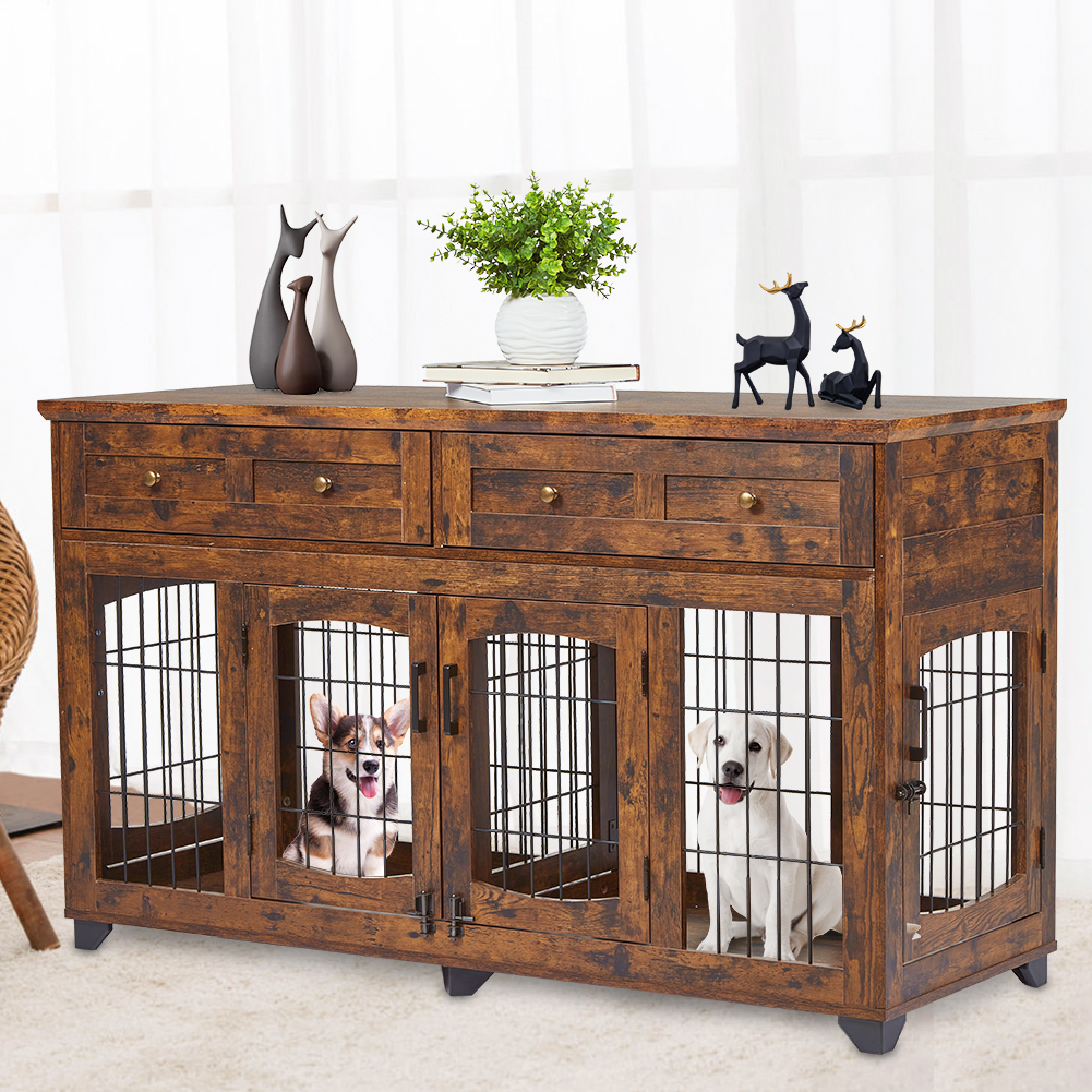 US GARVEE Dog Crate Furniture + 5 Doors + Large Capacity Drawers + MDF & Steel + Openable Divider + Rustic Brown + Home