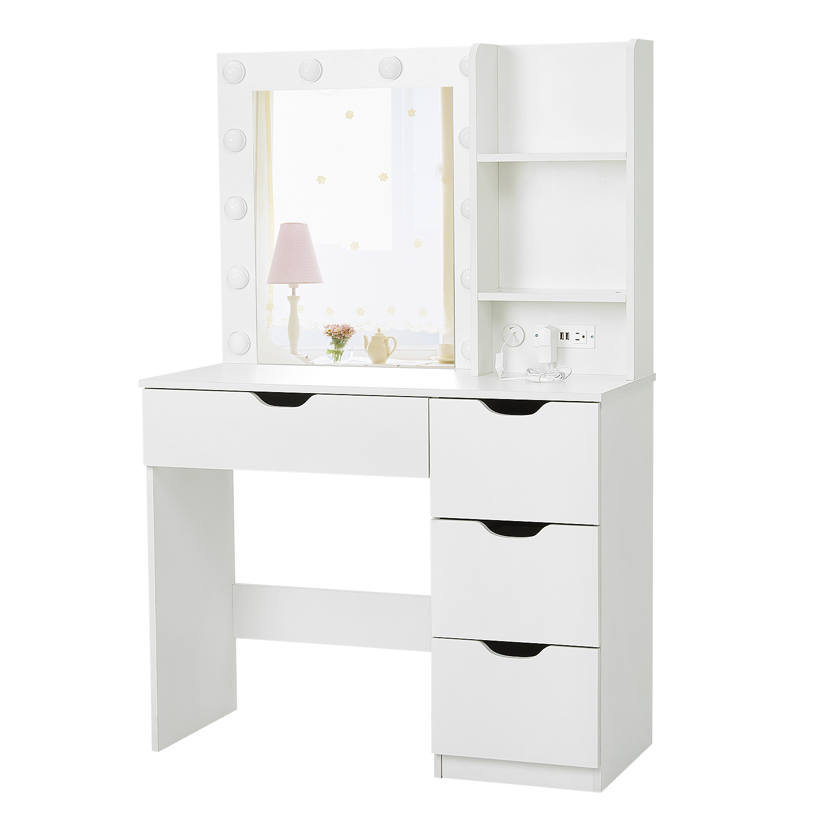 US GARVEE - Cambiador de Maquillaje con Luces, computadora de Cambiador con Tira eléctrica, Mesa de Maquillaje de 4 cajones con Espejo Iluminado, Cambiador con Espejo, 3 Colores de iluminación, Blanco