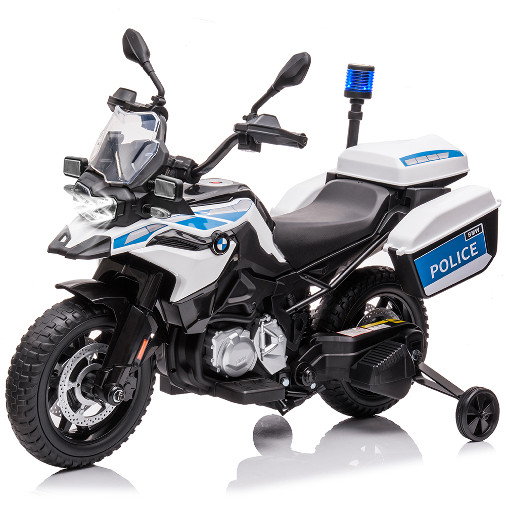 US GARVEE 12V BMW Police Motorcycle for Kids: 2 Speeds, LED Headlights, Spring Suspension, MP3, Music, Training Wheels, for Boys and Girls - White