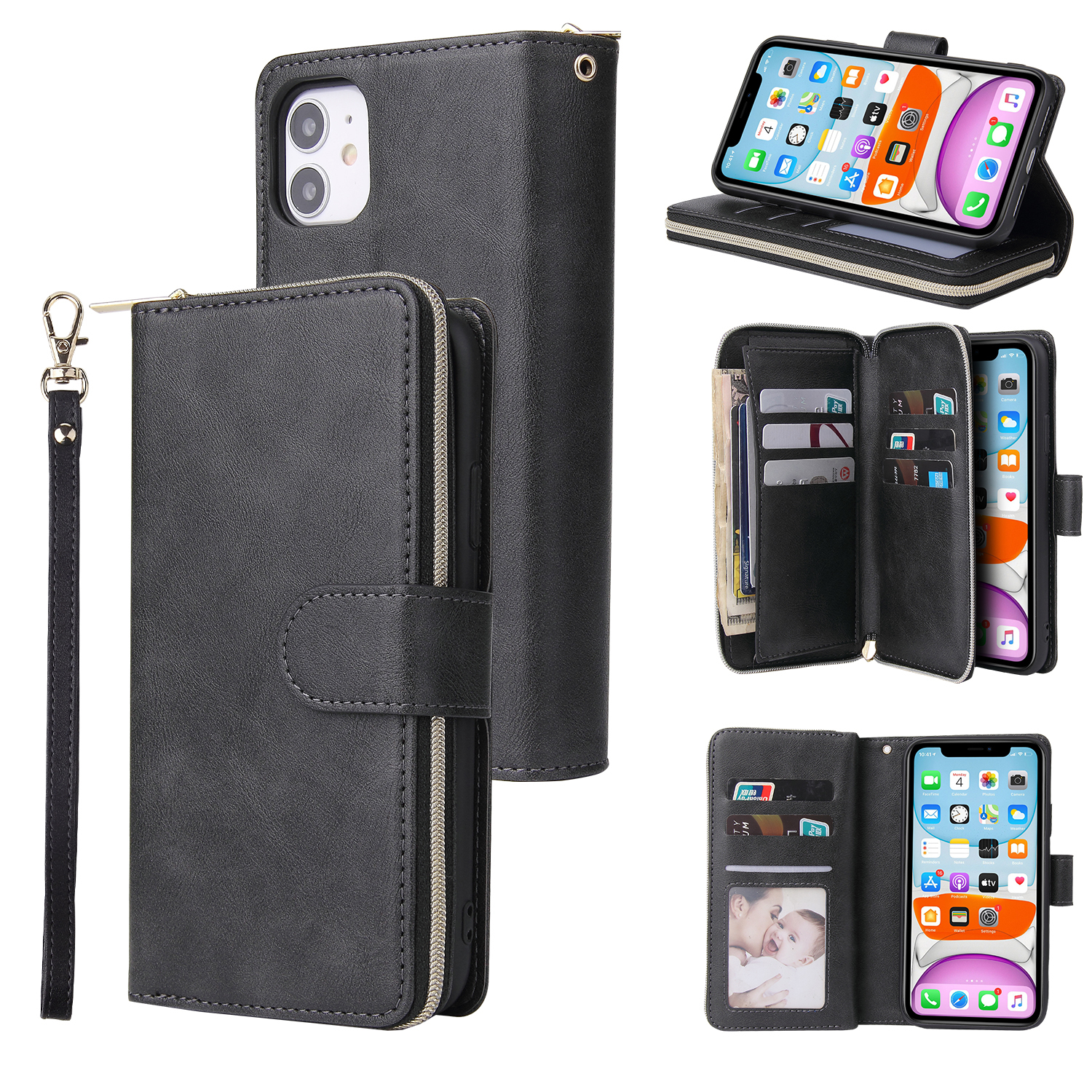 For iphone X/XS/XS MAX/11/11Pro Pu Leather  Mobile Phone Cover Zipper Card Bag + Wrist Strap black