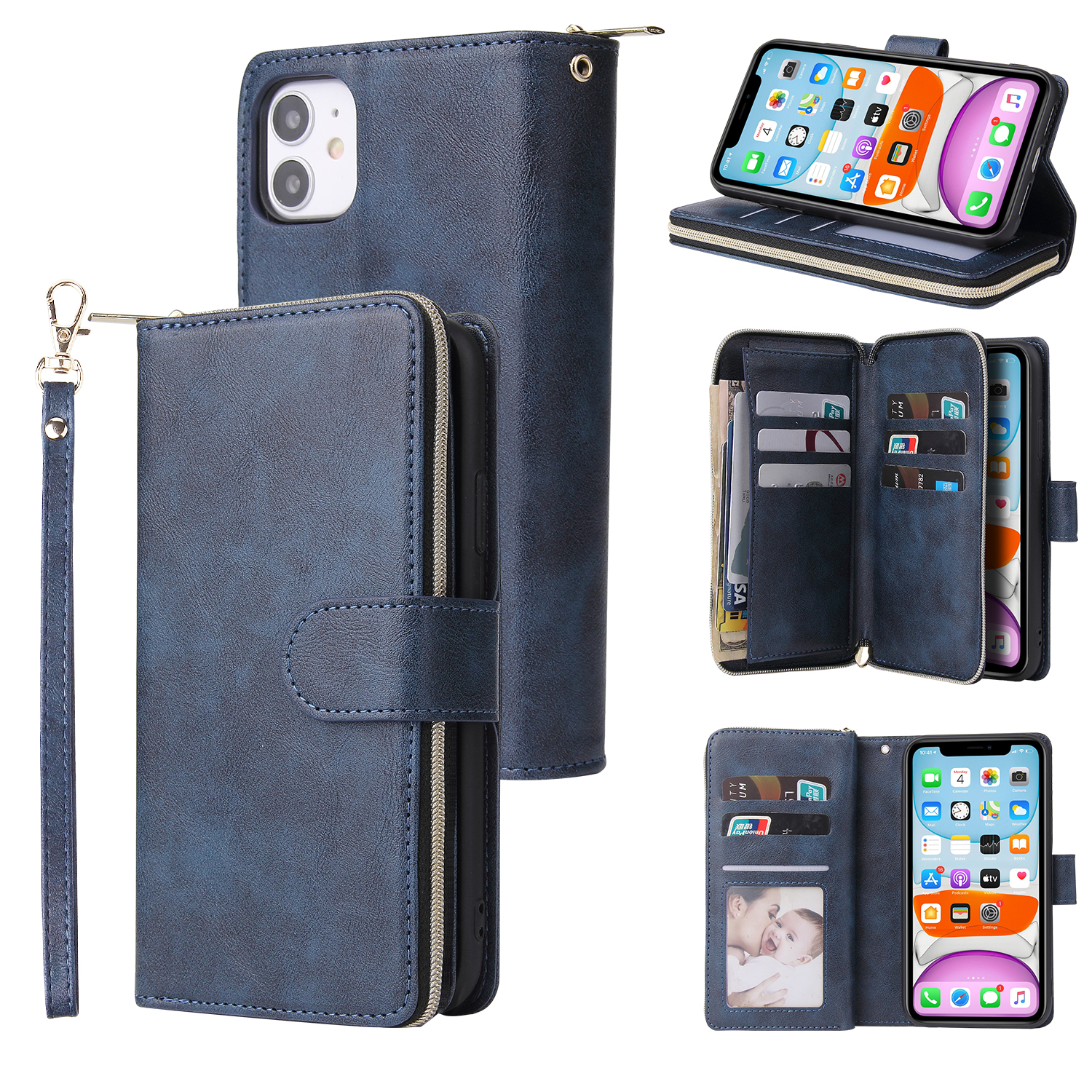 For iphone X/XS/XS MAX/11/11Pro Pu Leather Mobile Phone Cover Zipper Card Bag + Wrist Strap blue