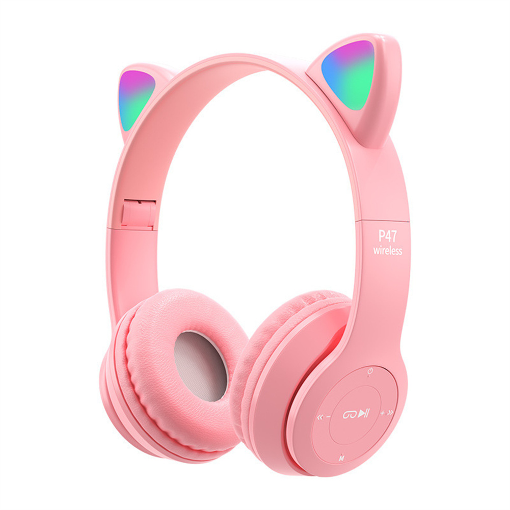 P47 Kids Headphones With Cat Ear RGB Led Light Up Foldable Over-Ear Headphones With AUX 3.5mm Wireless Headset pink