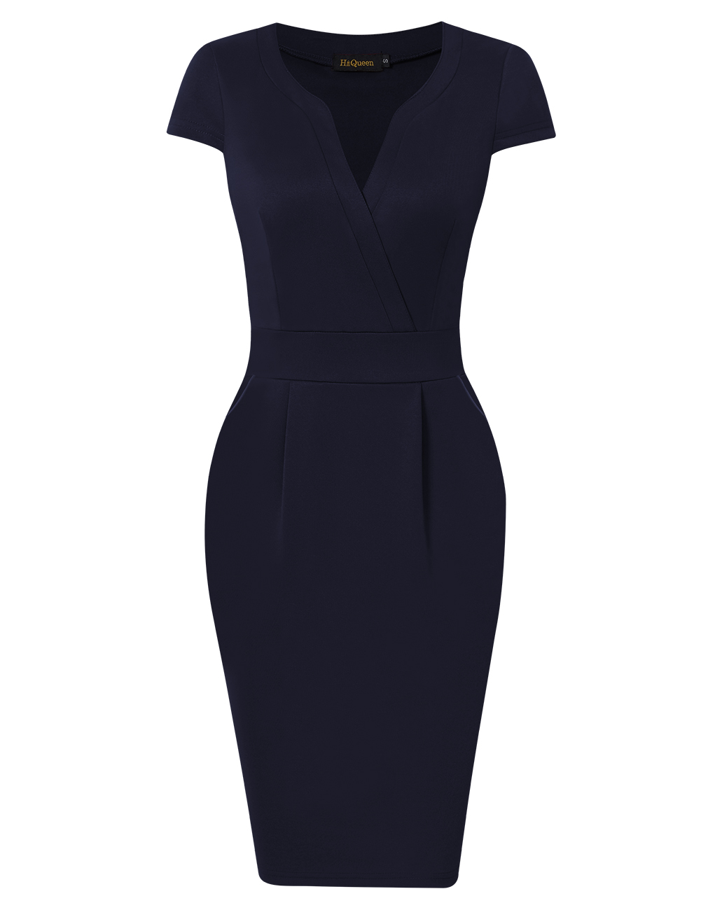 [US Direct] HiQueen  Women's V-collar Slim Waisted Knee-length Dress Short Sleeve Elegant Cocktail Dress