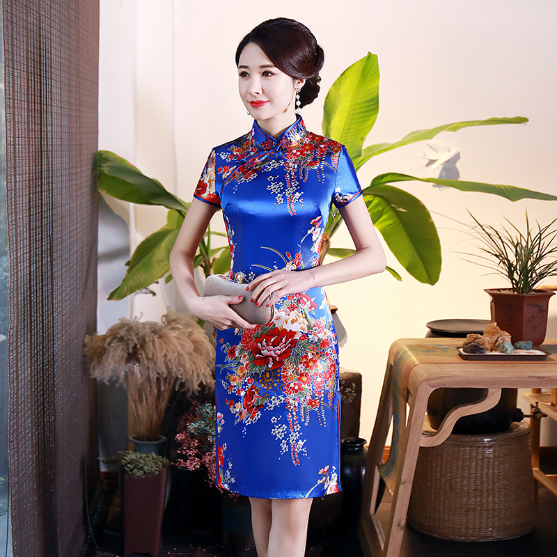 Retro Cheongsam Dress For Women Summer Short Sleeves Low Slit Skirt Large Size Stand Collar Satin Dress Blue LGD129-C 2XL