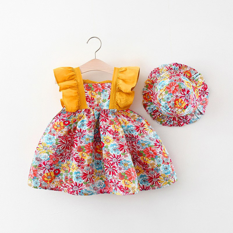Summer Baby Girls Sling Dress With Hat Cute Floral Printing Pleated Princess Dress For Kids Aged 1-3 yellow CM:80