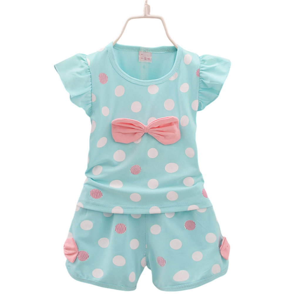 2pcs Toddler Girls Short Sleeve Printed Bowknot Shirt Top Shorts Outfits Summer Cotton Clothes Baby Suit blue 3-4Y 110cm