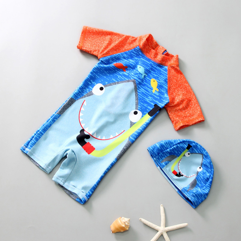 Boys Baby One-piece Swimsuit With Sun Hat Cute Print Short Sleeve Sun Protection Sunscreen Surfing Suit shark-shaped 4-5years M
