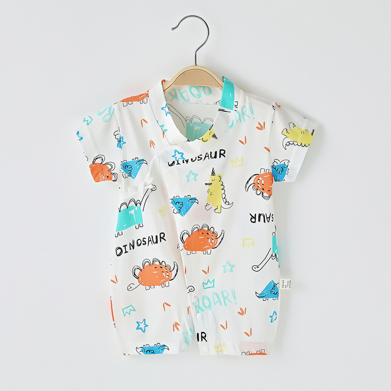 Boys Girls Short Sleeves Romper Summer Cotton Slanted Lace-up Breathable Jumpsuit For 0-3 Years Old Kids Alphabet Dinosaur 1-2Y 73CM