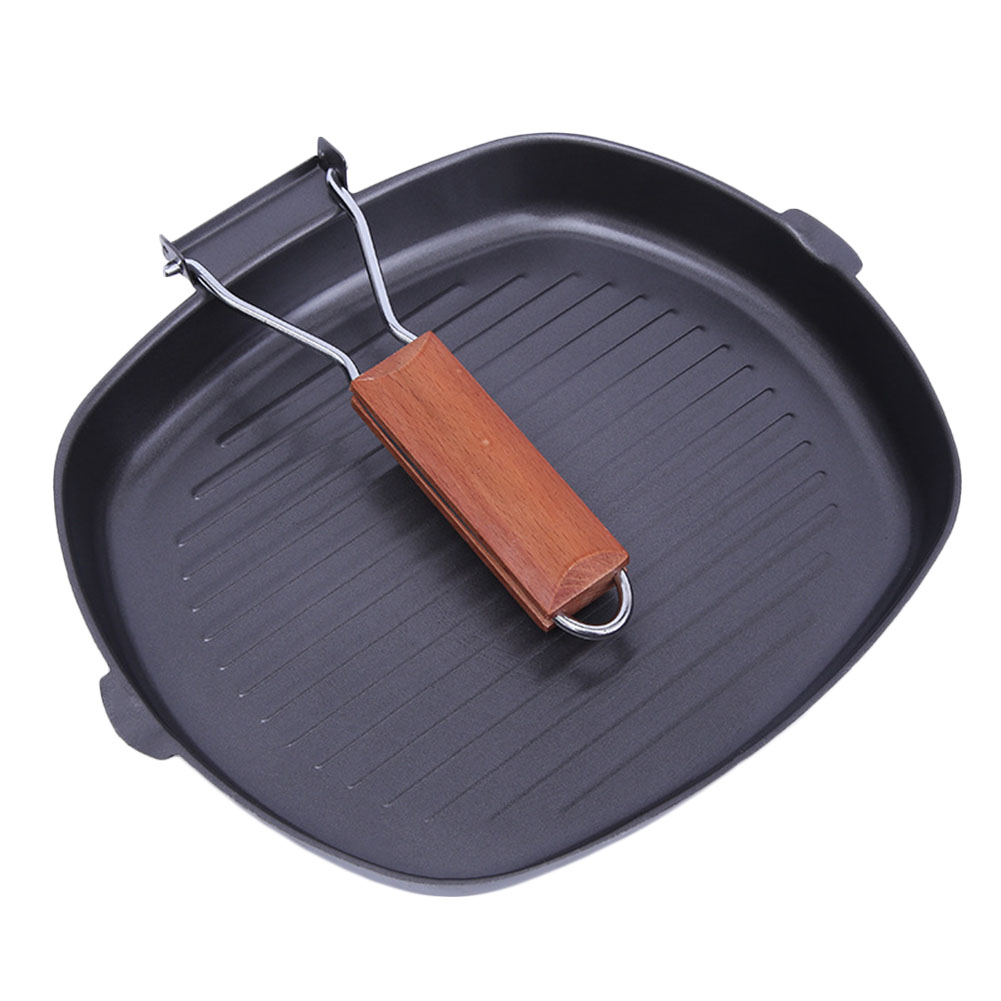Non-sticky Steak Frying Pan with Wooden Folding Handle Portable Square Grill Pan Kitchen Accessory 28CM