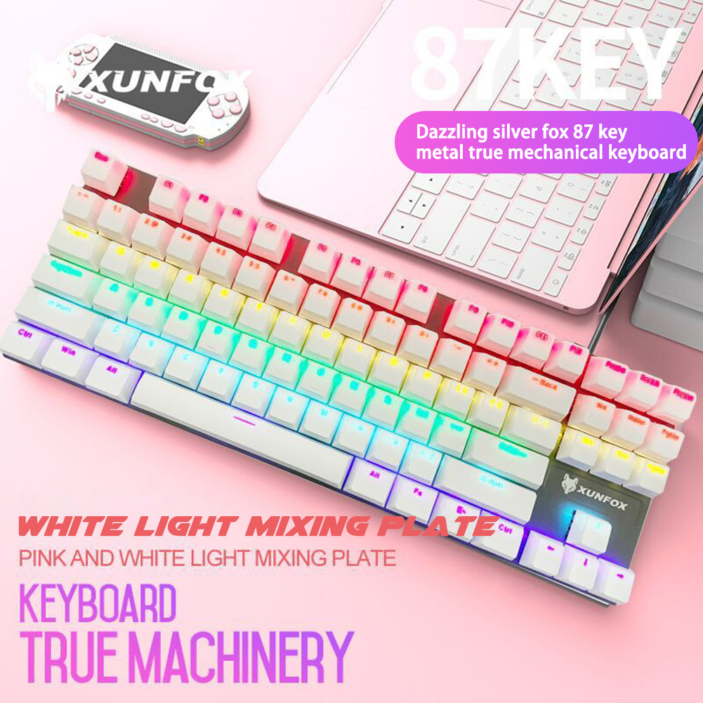 K80 Wired Mechanical  Keyboard Cyan Axis Ergonomic Design Metal Panel Luminous Desktop Computer Notebook 87-key Game Keyboard White 