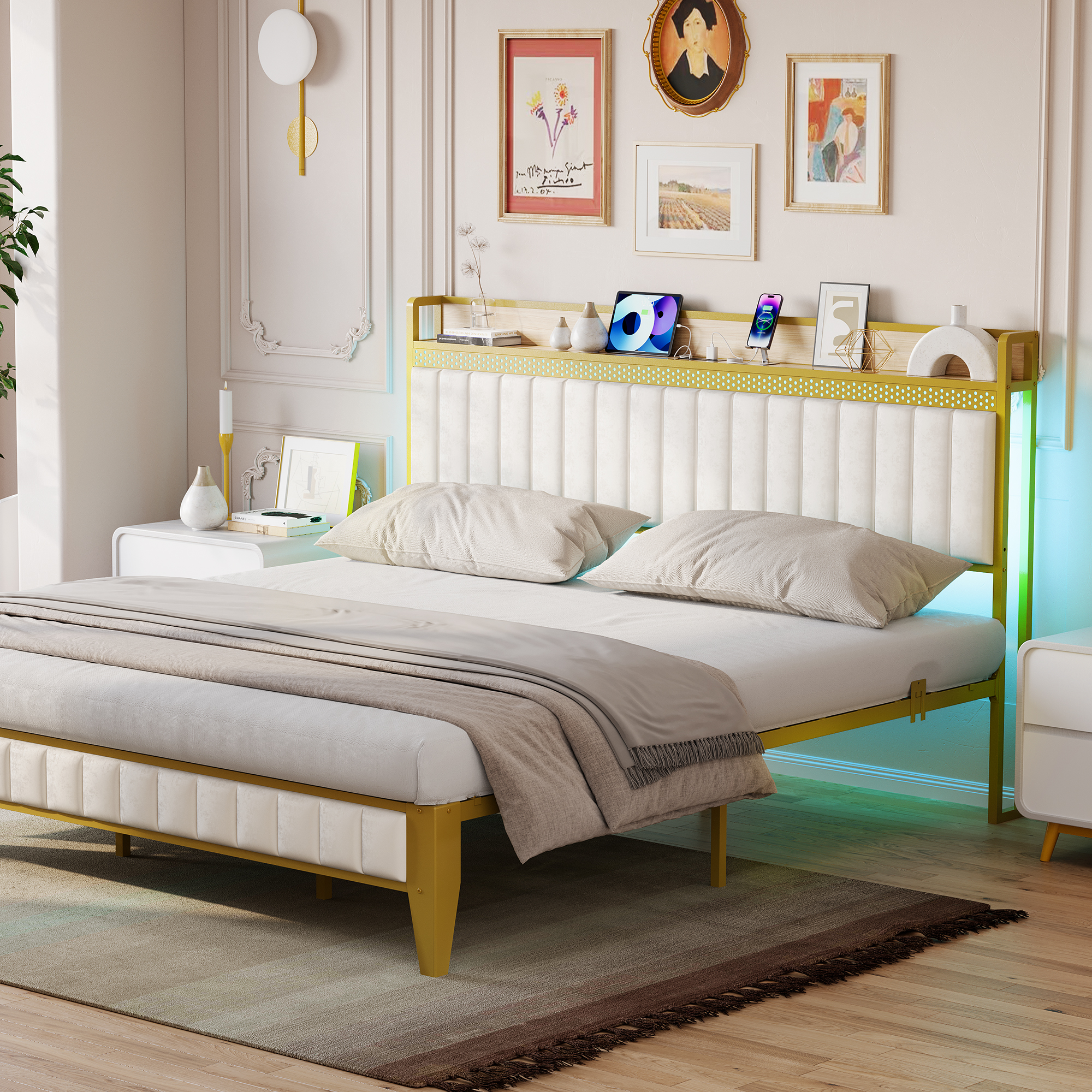US GARVEE Bed Frame with Led Lights and Storage Headboard, Upholstered Platform Bed with Charging Station, Heavy Duty, No Box Spring Needed, Easy Assembly, Linen White, Full Size