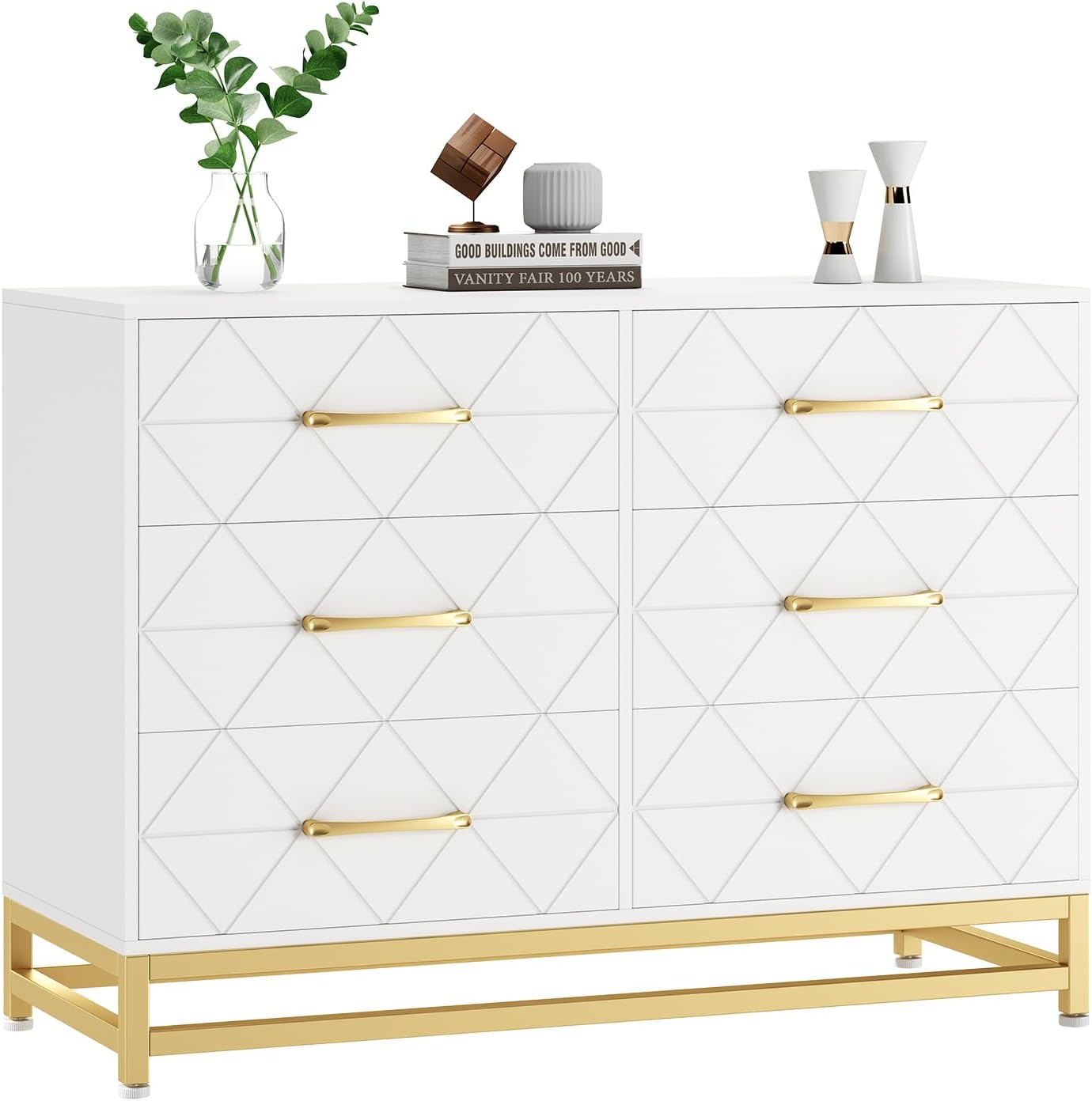 US GARVEE 6-Drawer Dresser TV Stand Wood Chest with Metal Handles, White Finish, for Bedroom, Living Room, Hallway, Office, White