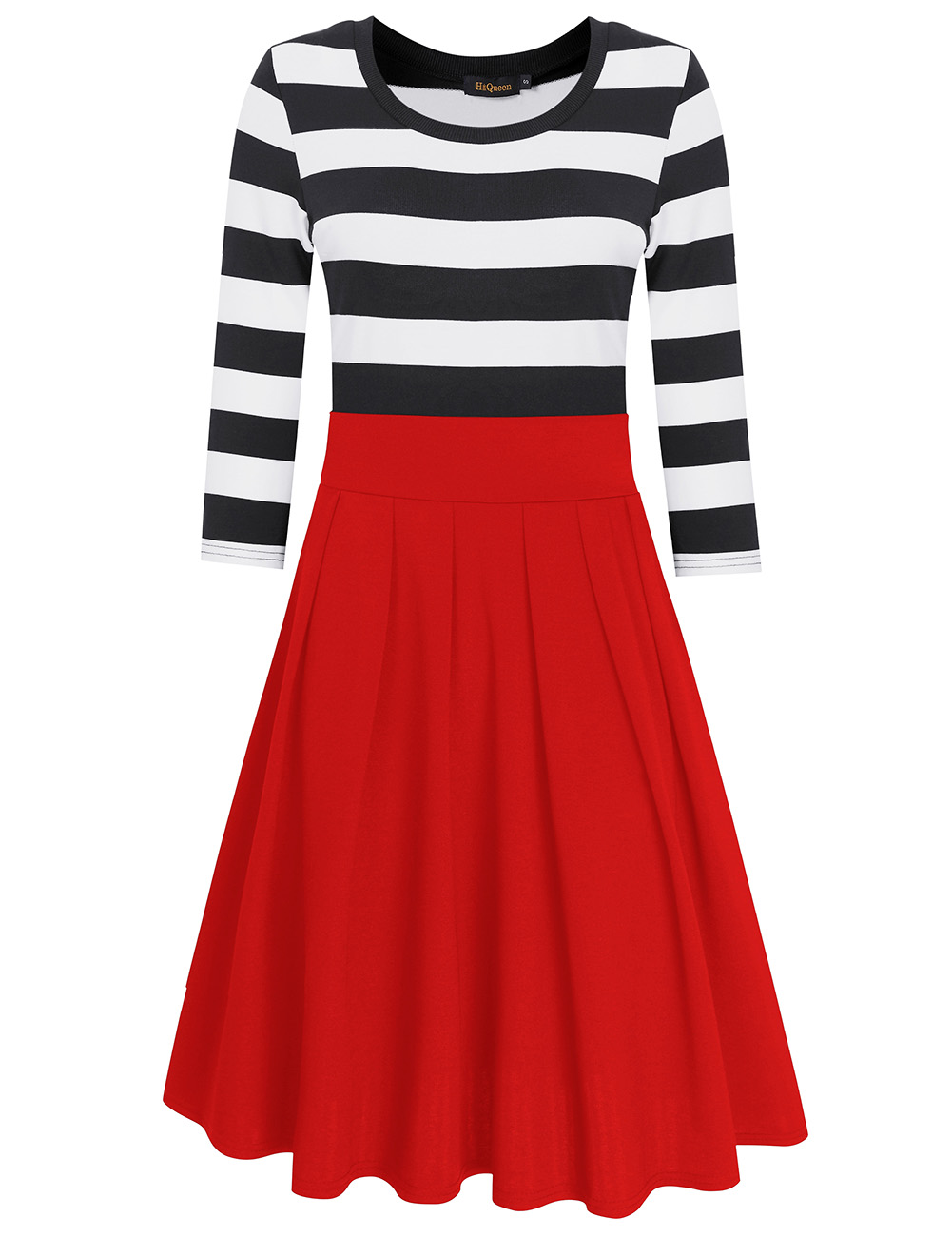 HiQueen Women Casual Scoop Neck 3/4 Sleeve A-Line Swing Dress Stripe Modest Dresses Red_XL