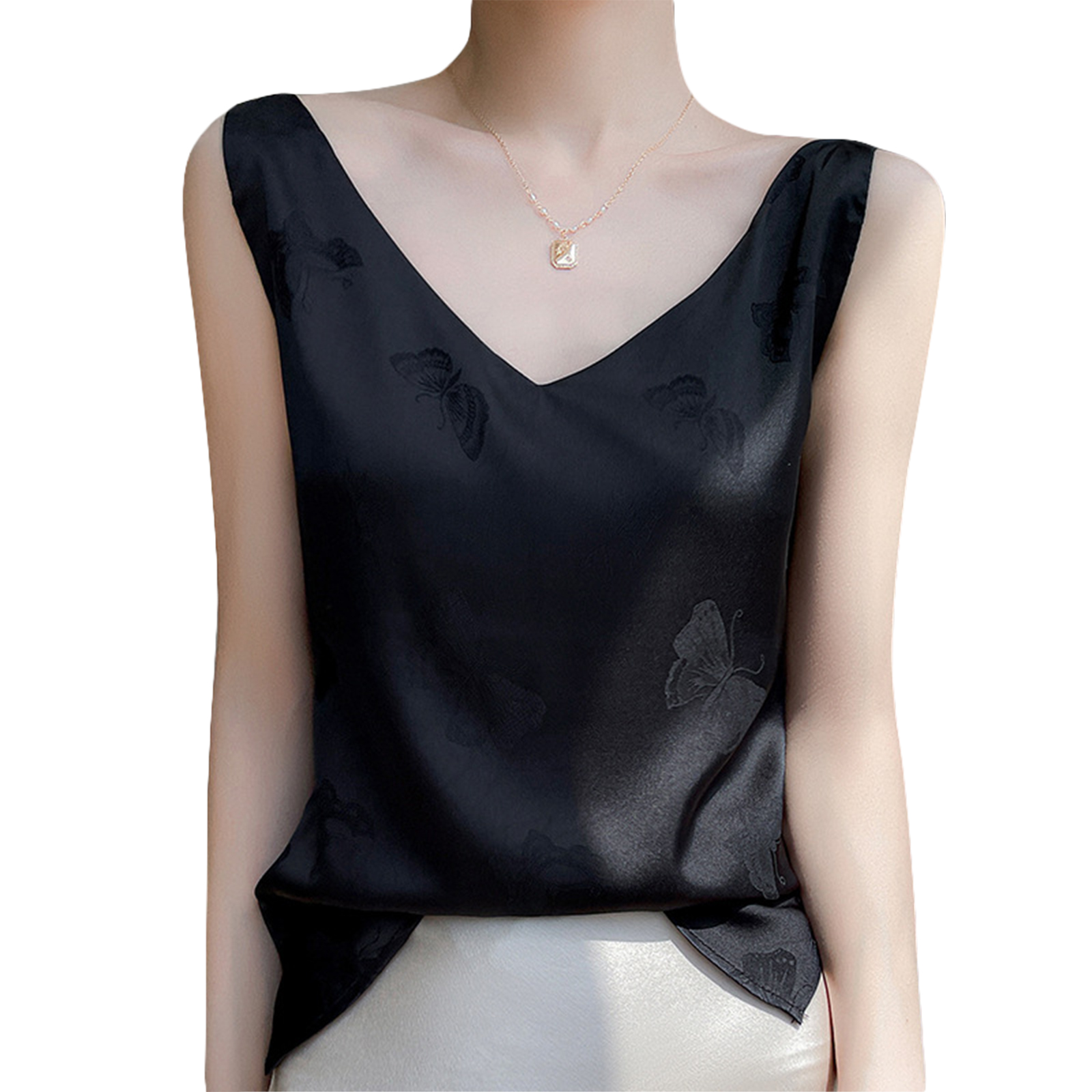 Summer French Camisole V-neck Jacquard Satin Slim Fit Solid Color Tank Top For Women black 3XL