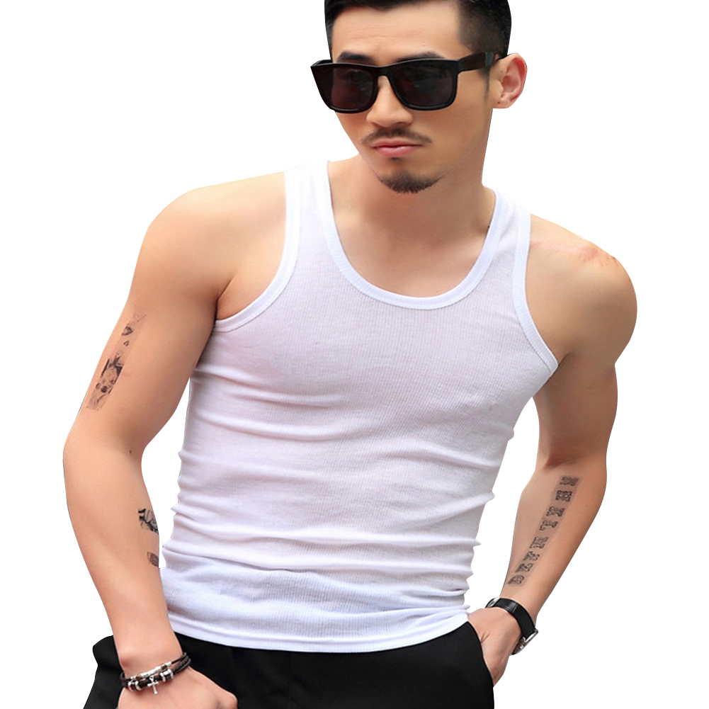 Men Fashion Summer Solid Color Sleeveless Vest Shirt for Gym Fitness Sports white_L