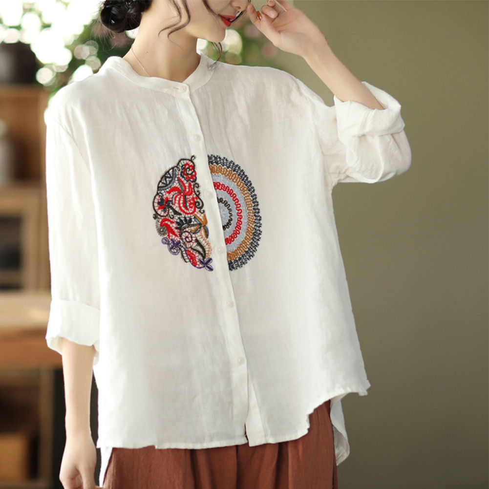 Women Retro Linen Long-sleeved Shirt Embroidered Solid Color Loose Casual Bottoming Shirt Tops Blouse White 2XL