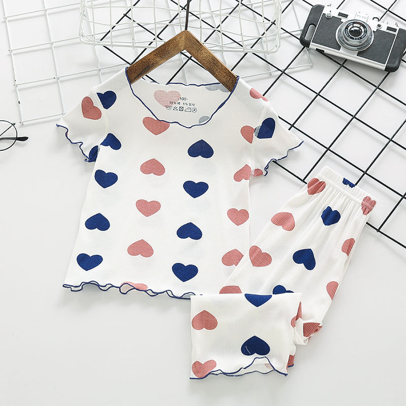 2-piece Kids Baby Pajamas Kit Short Sleeve Shirt Long Pants Summer Air-conditioning Home Clothes Sleepwear White 3-4Y 90cm