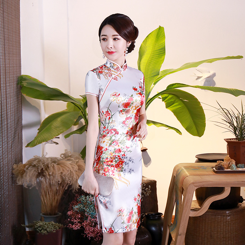 Retro Cheongsam Dress For Women Summer Short Sleeves Low Slit Skirt Large Size Stand Collar Satin Dress White LGD129 S