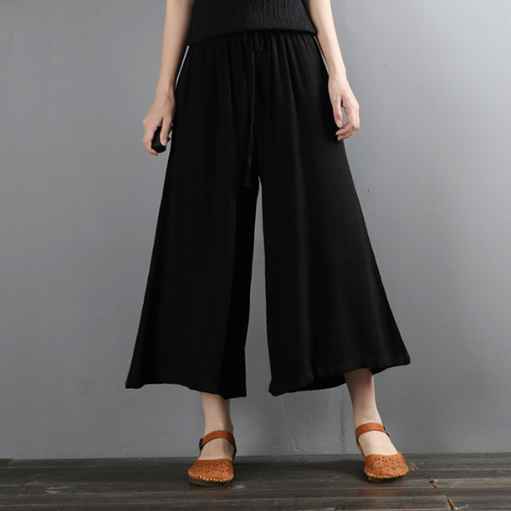 Women Wide-leg Cropped Pants Summer High Waist Retro Solid Color Loose Casual Cotton Linen Pants black XL