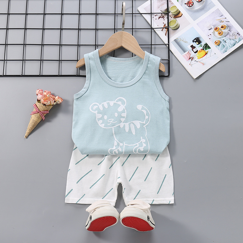 Summer Thin Pajamas For Children Cotton Cute Cartoon Printing Sleeveless Tank Tops Shorts Suit For Boys Little Tiger 3-4 years XL