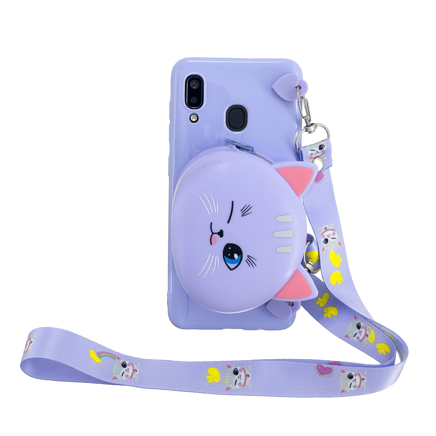 For Samsung A10/A20/A30 Case Mobile Phone Shell Shockproof TPU Cellphone Cover with Cartoon Cat Pig Panda Coin Purse Lovely Shoulder Starp  Purple