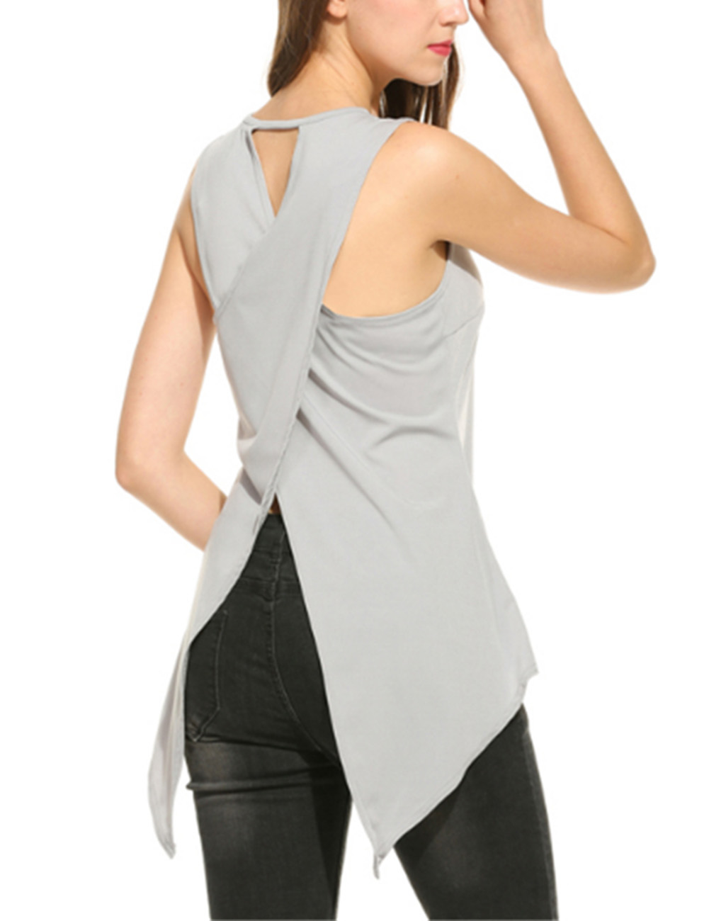 Women Solid Color Back Split Irregularity Tops Slim Design Sleeveless Tops Shirt