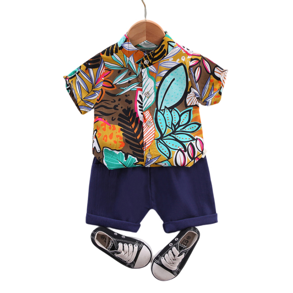 2pcs Kids Boys Short Sleeve Suit Single Breasted T-shirt Shorts Two-piece Set Summer Casual Outfits yellow 2-3Y 100cm