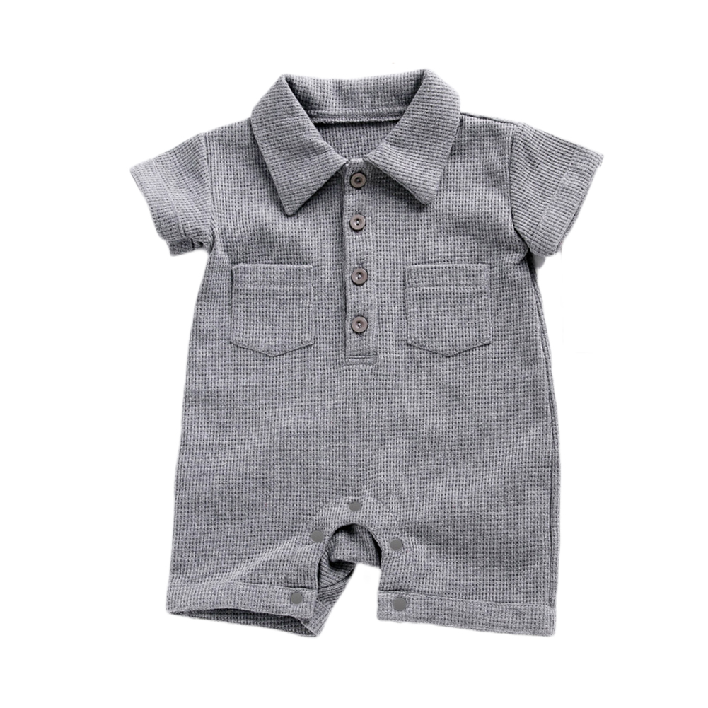 Baby Short Sleeves Romper Trendy Lapel Solid Color Breathable Jumpsuit For 0-3 Years Old Boys Girls gray 24-36M 90