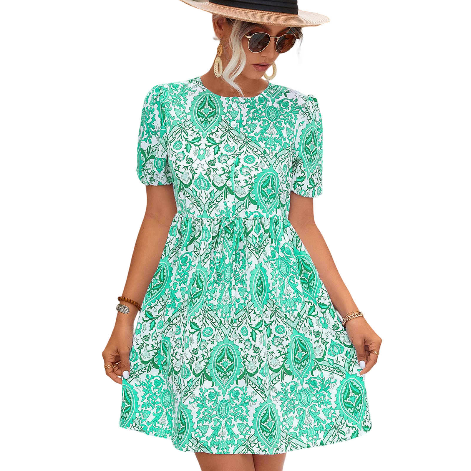Women Short Sleeves Dress Round Neck Elegant Floral Printing High Waist A-line Skirt Trendy Lantern Sleeve Short Dress green S