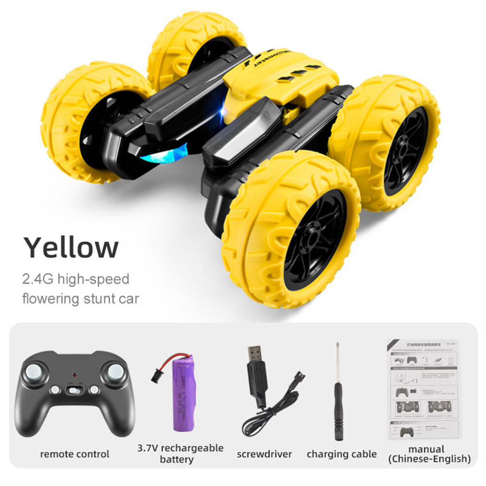 Kids Remote Control Car Toy 360 Degree Rotate Rc Cars Double-sided Light Led Display Stunt Drift Car yellow