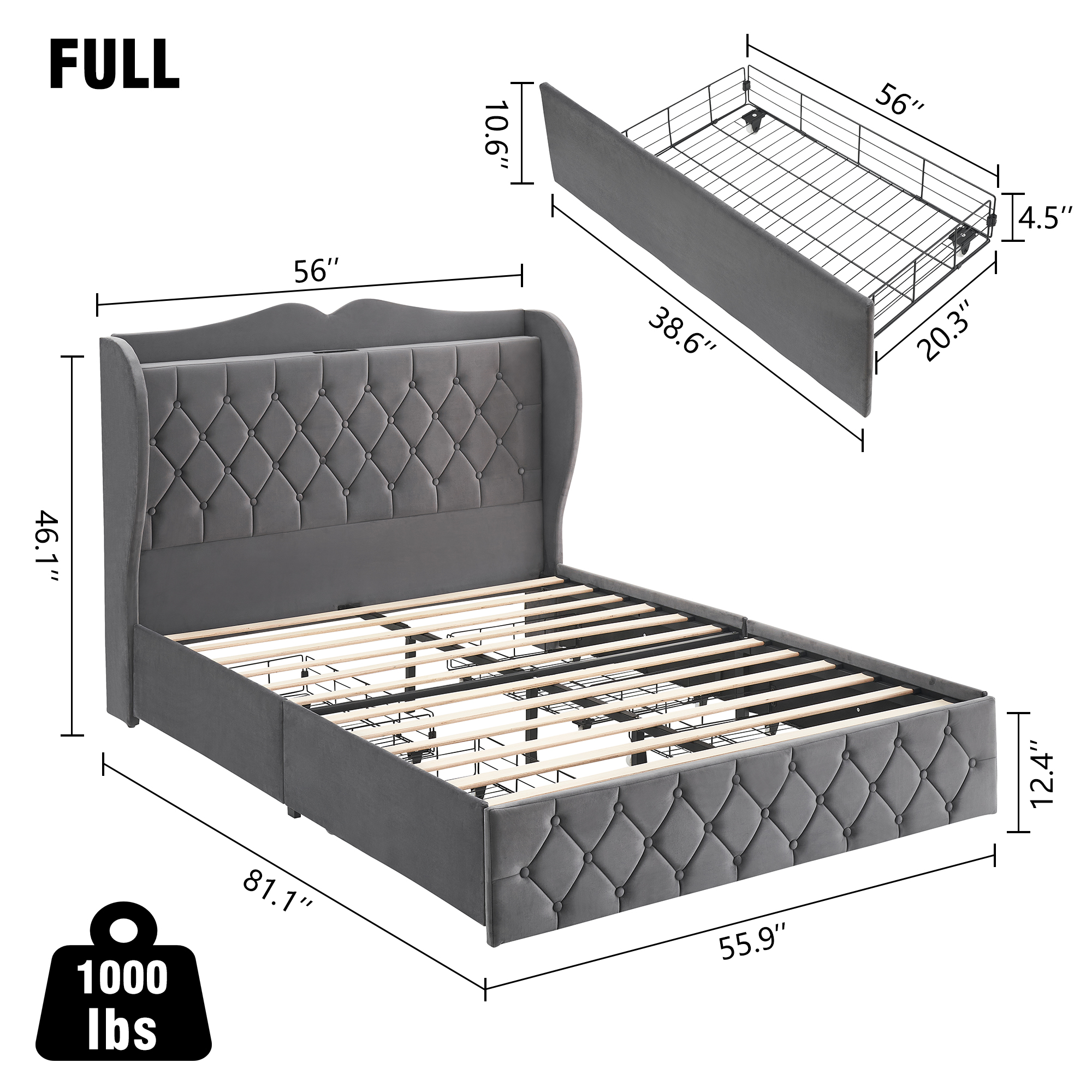US GARVEE Full Size Bed Frame with 4 Storage Drawers & Charging Station, Velvet Upholstered, Tall Headboard, Wooden Slats, Light Grey