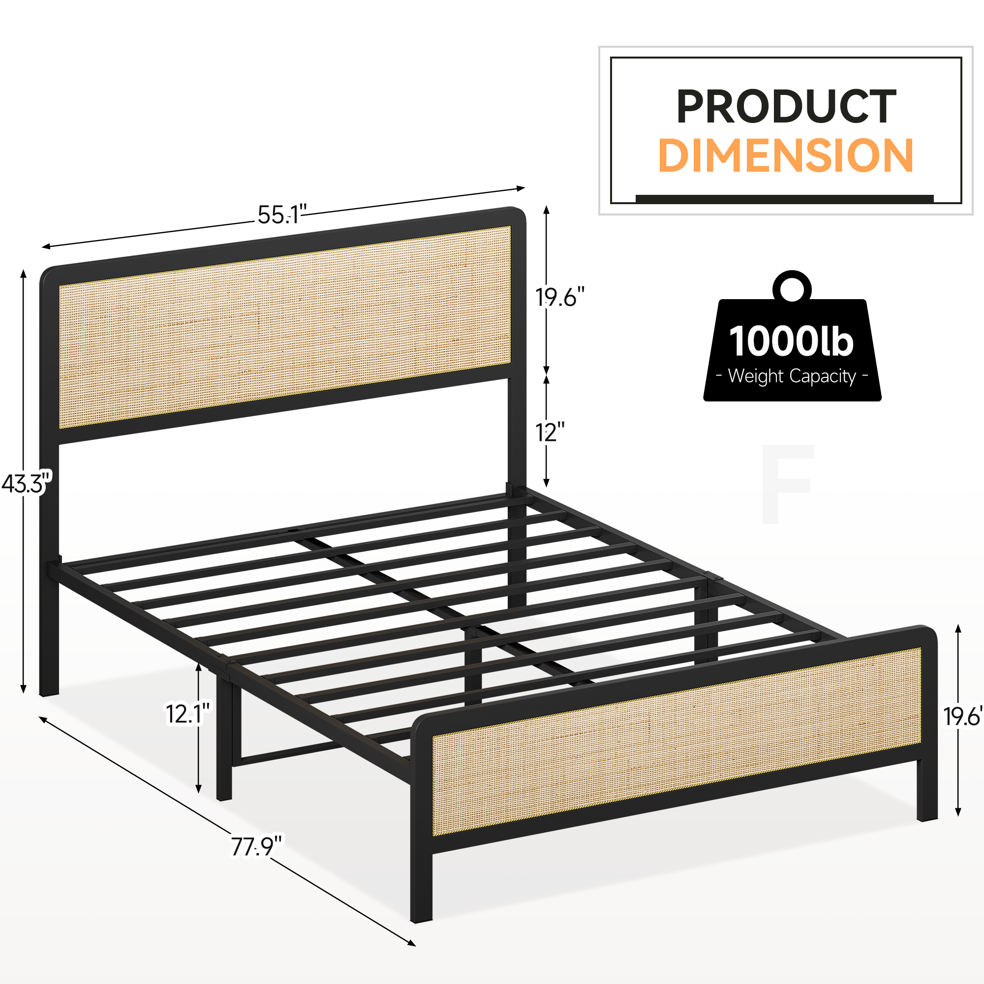 US GARVEE Full Size Metal Bed Frame with Rattan Headboard and Footboard, Platform Bed Frame with Safe Rounded Corners, Under Bed Storage, Strong Metal Slat Support, No Box Spring Needed