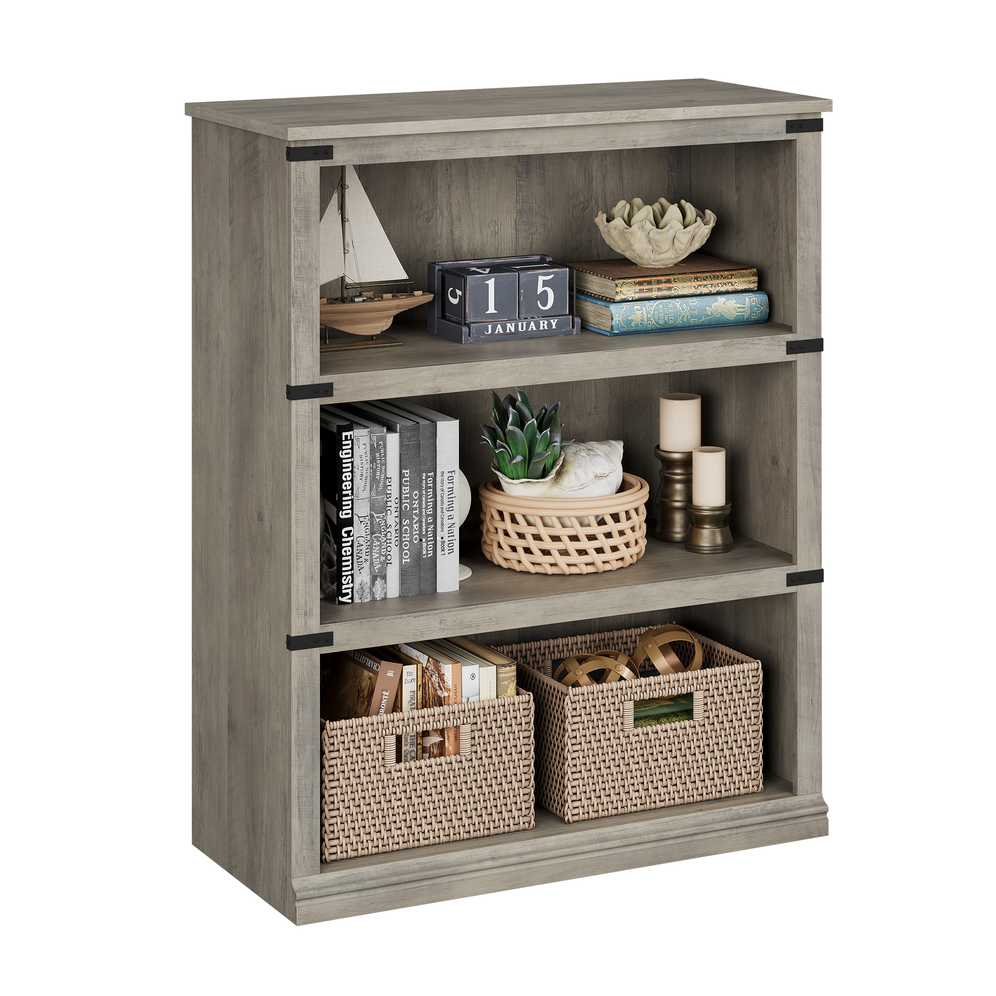 US GARVEE Farmhouse 3 Tier Bookcase, Open Shelves, MDF Wood, Rustic Grey, 43.3