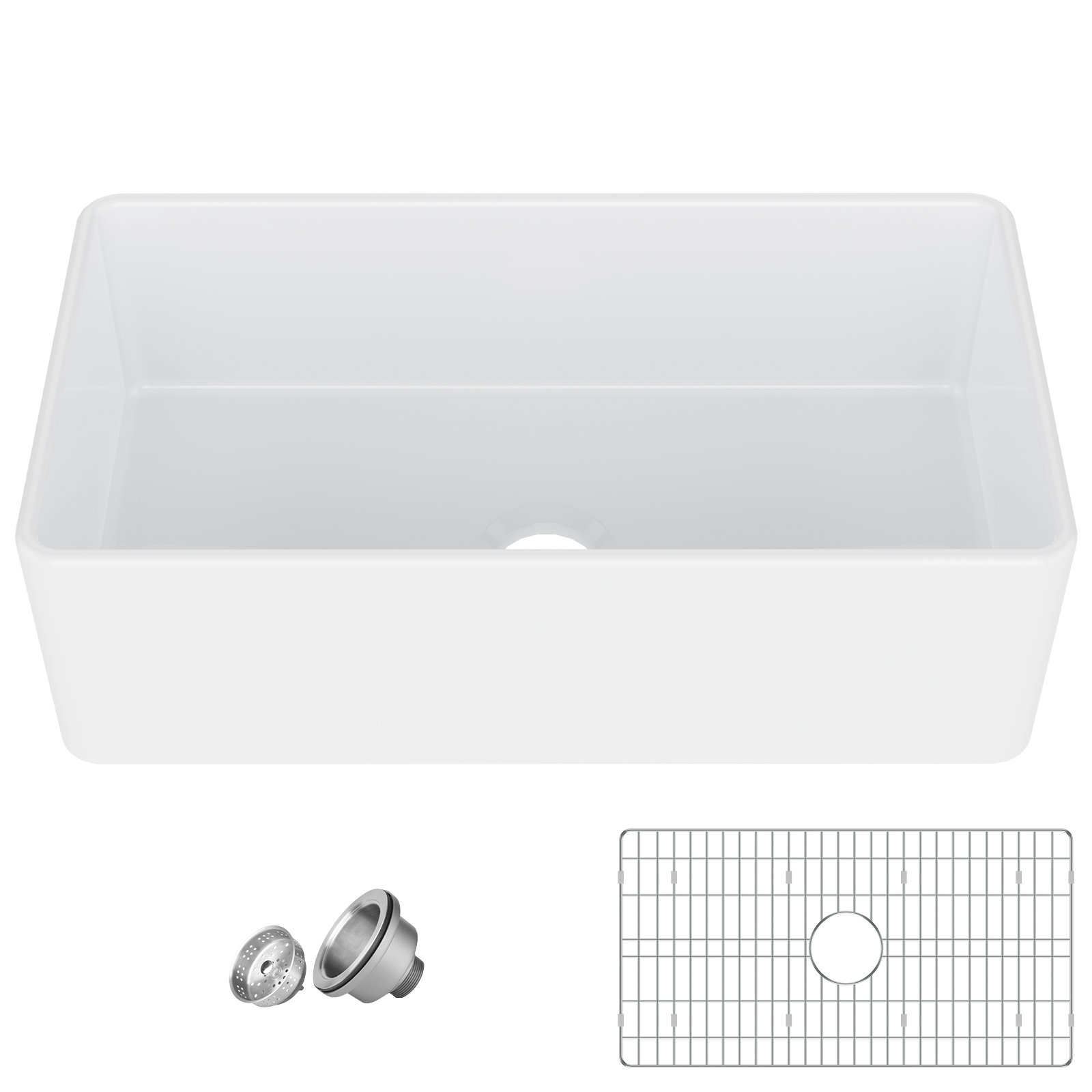 US GARVEE 33 Inch Fireclay Farmhouse Sink, Deep Single Bowl, Durable Ceramic Porcelain, Bottom Grid & Strainer, Kitchen