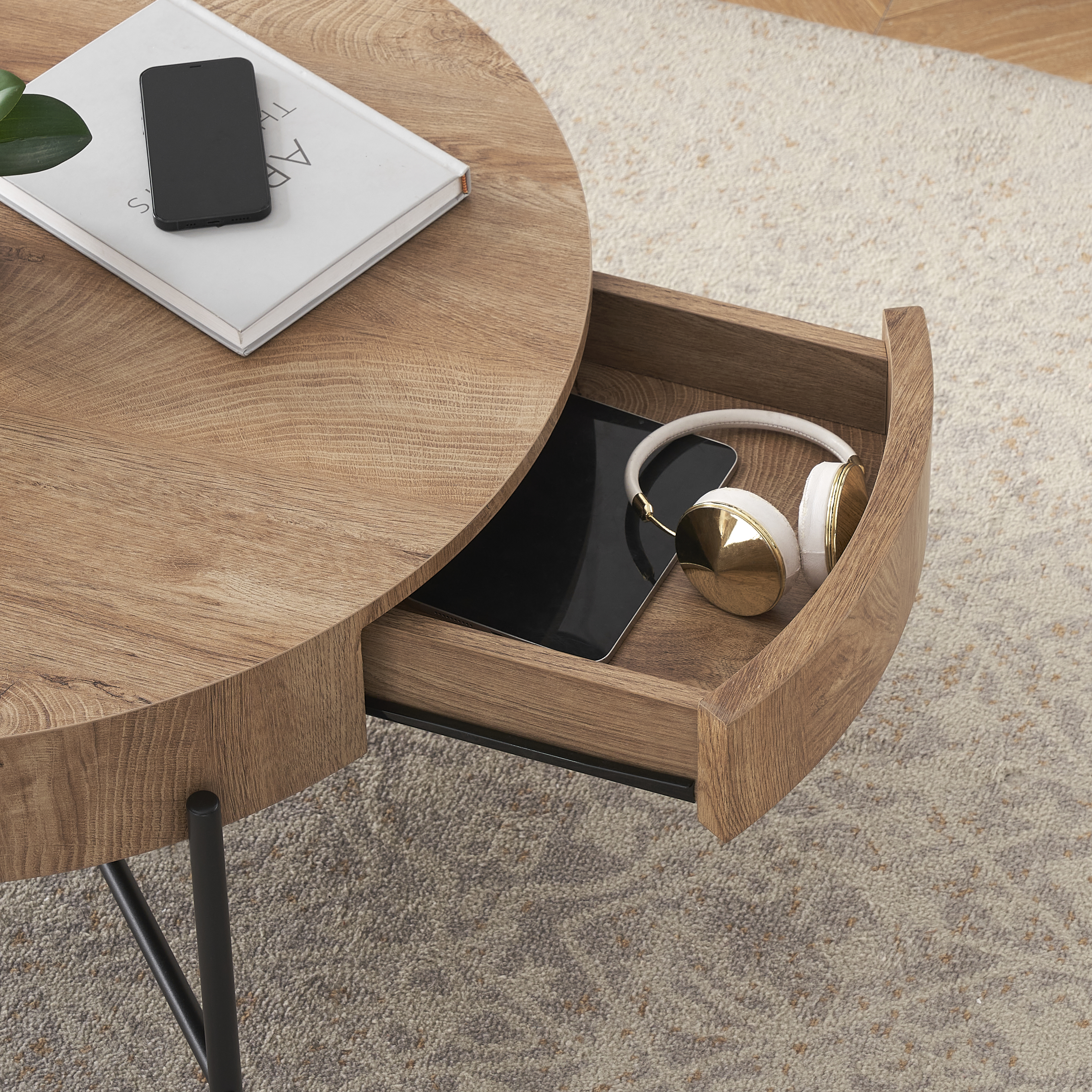 US GARVEE 2-Tier Round End Table, Nature Wood Color Side Table with Growth Rings Wood Design, Industrial Sofa Table with Drawer and Storage Space, Elegant Nightstand for Living Room, Bedroom