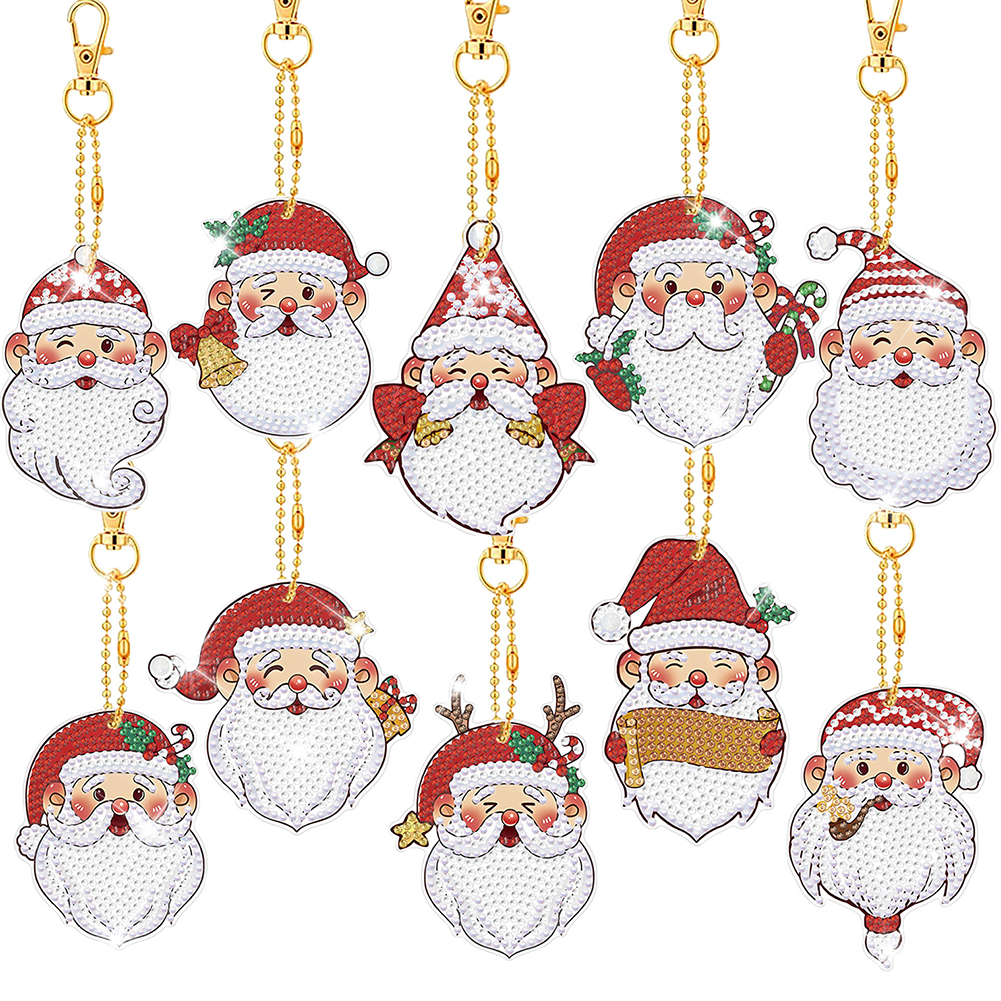 10pcs Christmas Diamond Painting Keychain Kits 5D DIY Hanging Diamond Painting Keychains Art Crafts For Christmas Decoration Santa (10pcs)