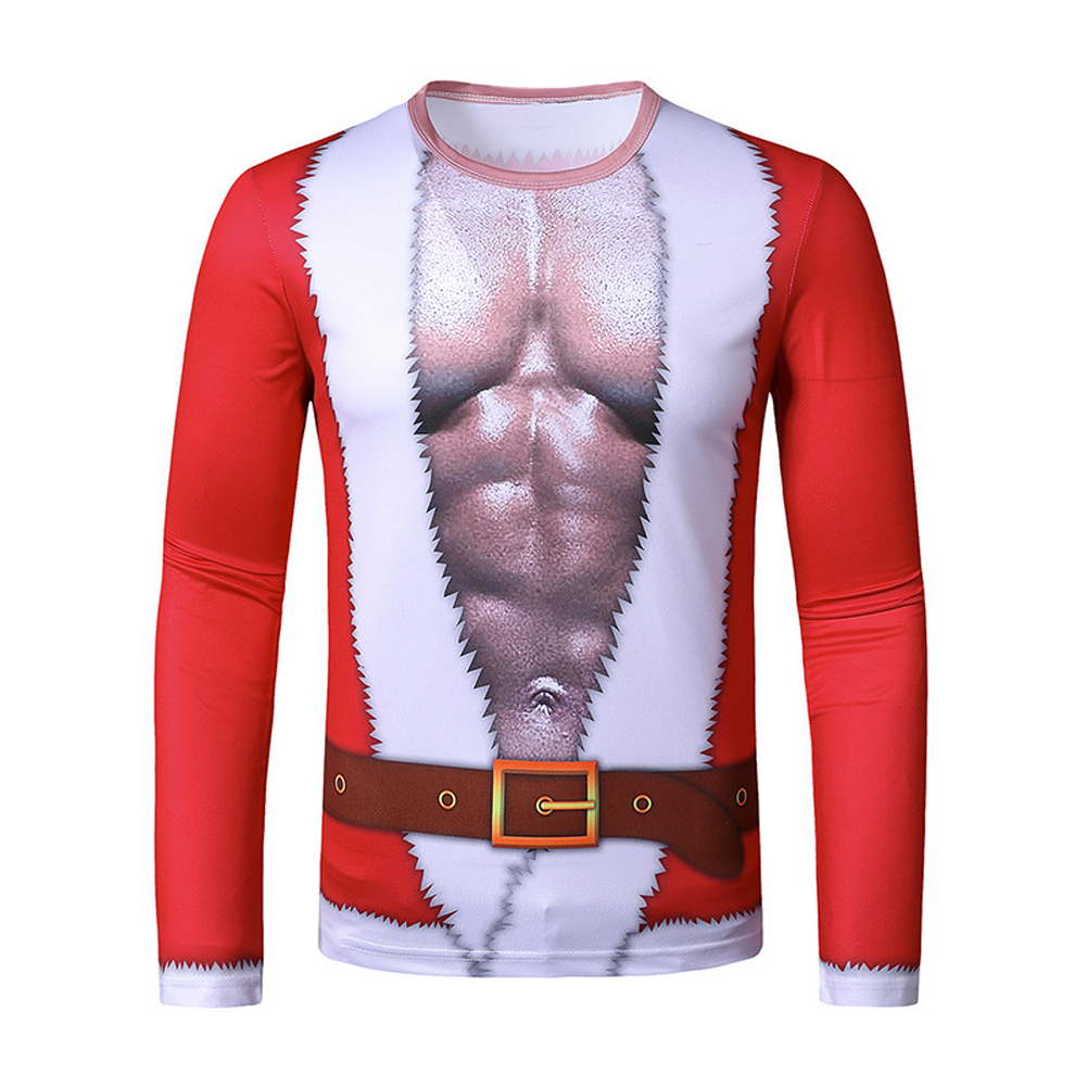 Men Long Sleeve T Shirt Round Collar 3D Printing Santa Claus Costumes red_2XL