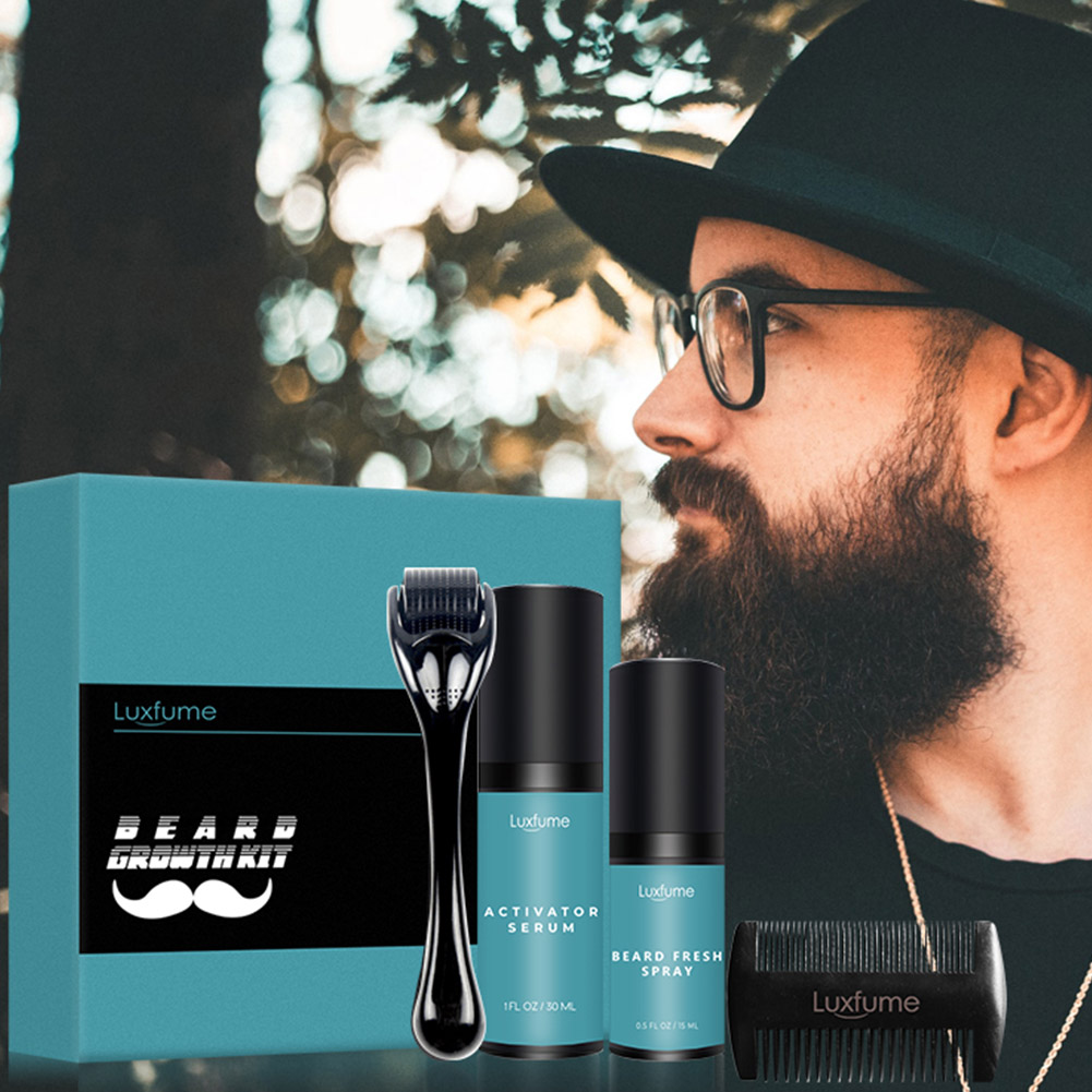 4Pcs/set Beard Growth Kit Hair Growth Enhancer Thicker Oil Nourishing Essence Leave-in Conditioner Beard Care with Comb 4-piece set