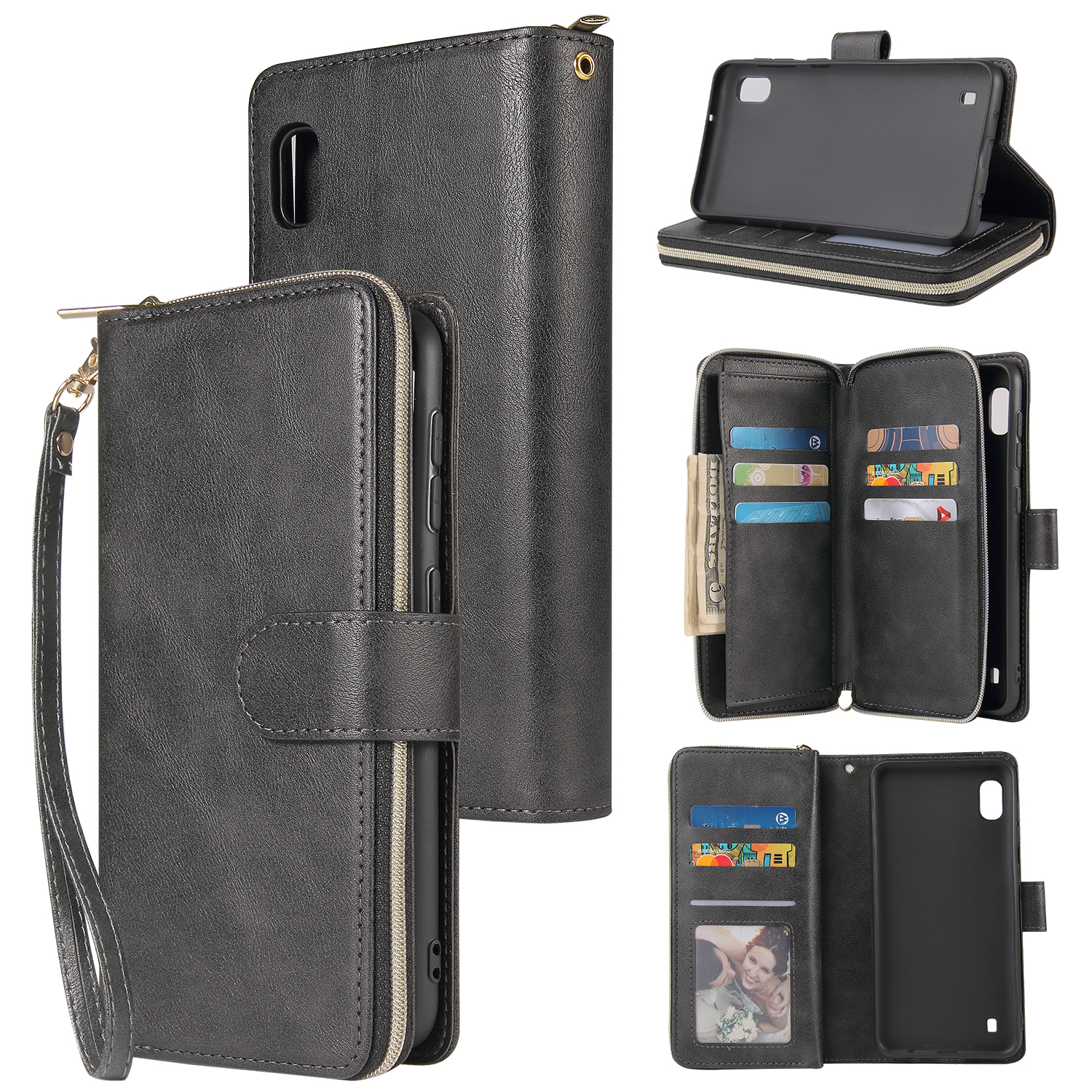 For Samsung A10/A20/A30/A50/A30S/A50S Pu Leather  Mobile Phone Cover Zipper Card Bag + Wrist Strap black