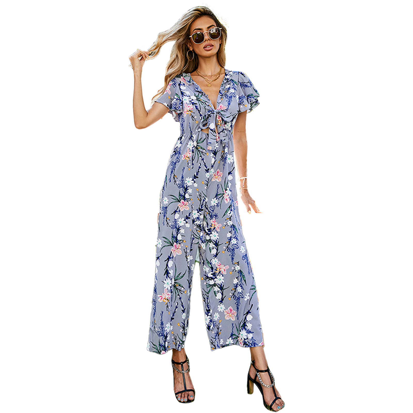 Women Short Sleeve Jumpsuit Summer High Waist Wide Leg Pants Romper Casual Floral Printing Lace-up Jumpsuit light grey S
