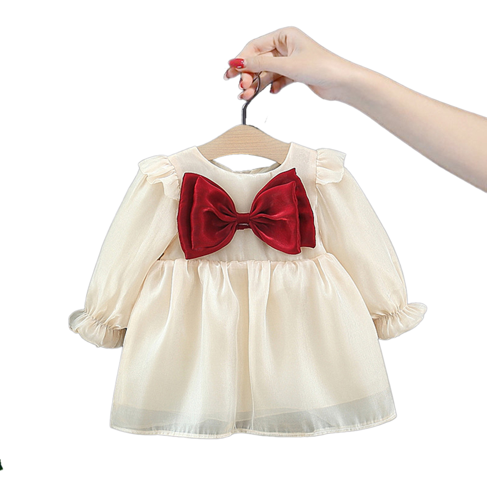 Kids Long Sleeves Dress Stylish Bowknot Cute Princess Skirt Simple Solid Color Dress For Girls Aged 1-3 beige CM: 90