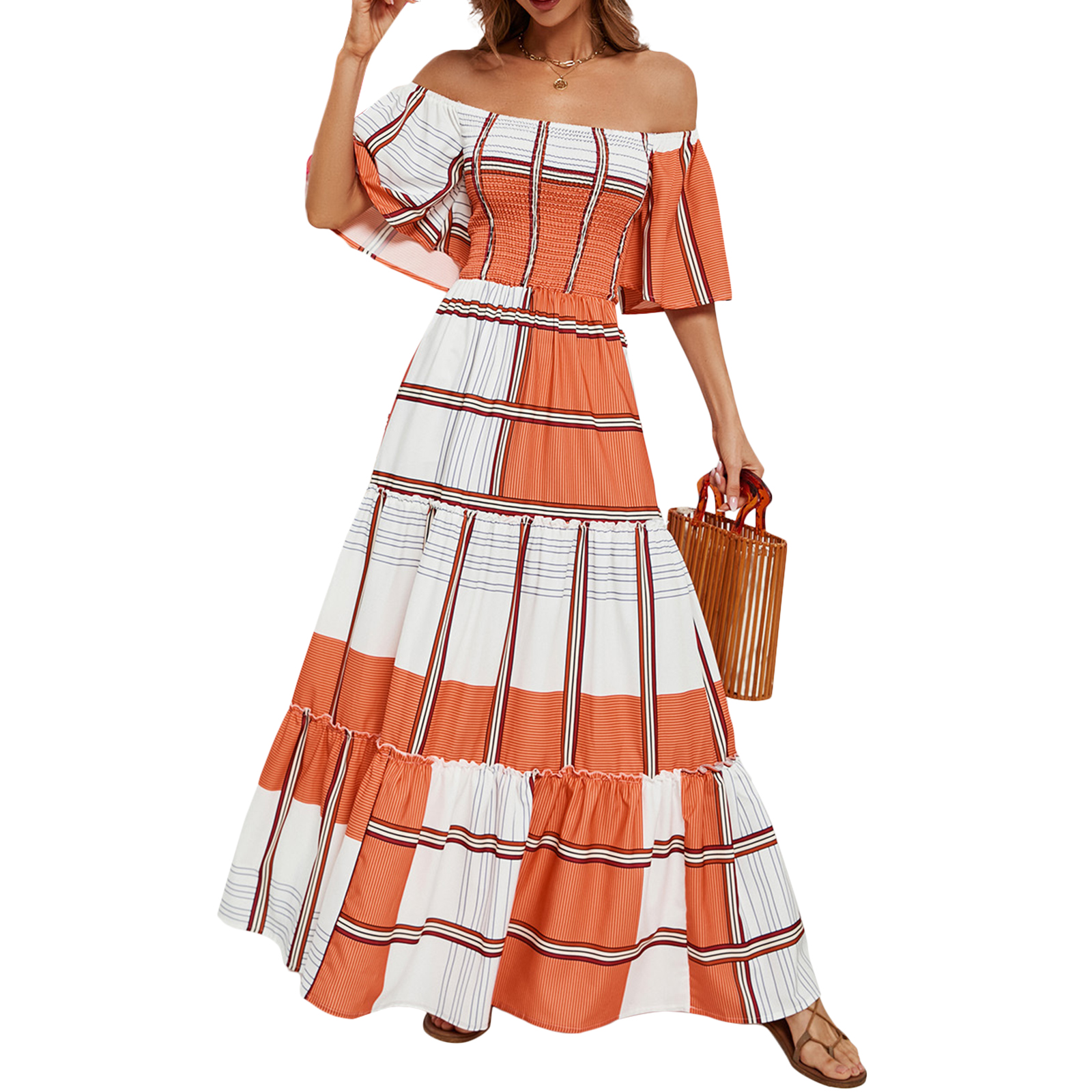 Women Sexy Off-shoulder Dress Elegant Striped Large Swing Long Skirt High Waist Ruffles Dress For Beach orange stripes XL
