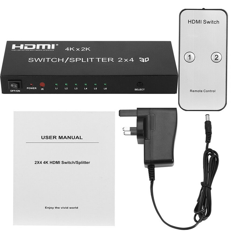 2x4 2 to 4 Full HD 4K 3D HDMI Splitter Amplifier Spdif Audio + Infrared Remote Control UK Plug