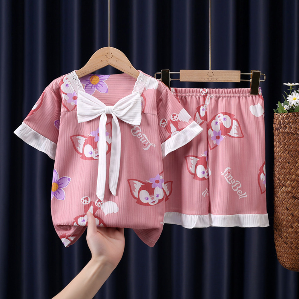 2pcs Kids Pajamas Set Round Neck Short-sleeved Top Shorts Princess Girls Summer Homewear D Yi bow - Belle 110-120cm 12