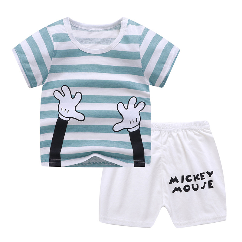 2pcs Boys Girls Cotton Pajamas Suit Summer Cute Printing Short Sleeves Shirt Shorts Two-piece Set hands 80cm