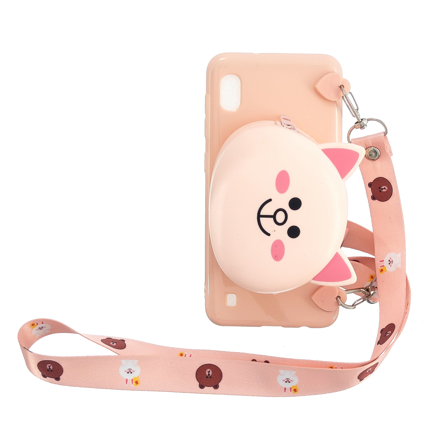 For Samsung A10/A20/A30 Case Mobile Phone Shell Shockproof TPU Cellphone Cover with Cartoon Cat Pig Panda Coin Purse Lovely Shoulder Starp Pink