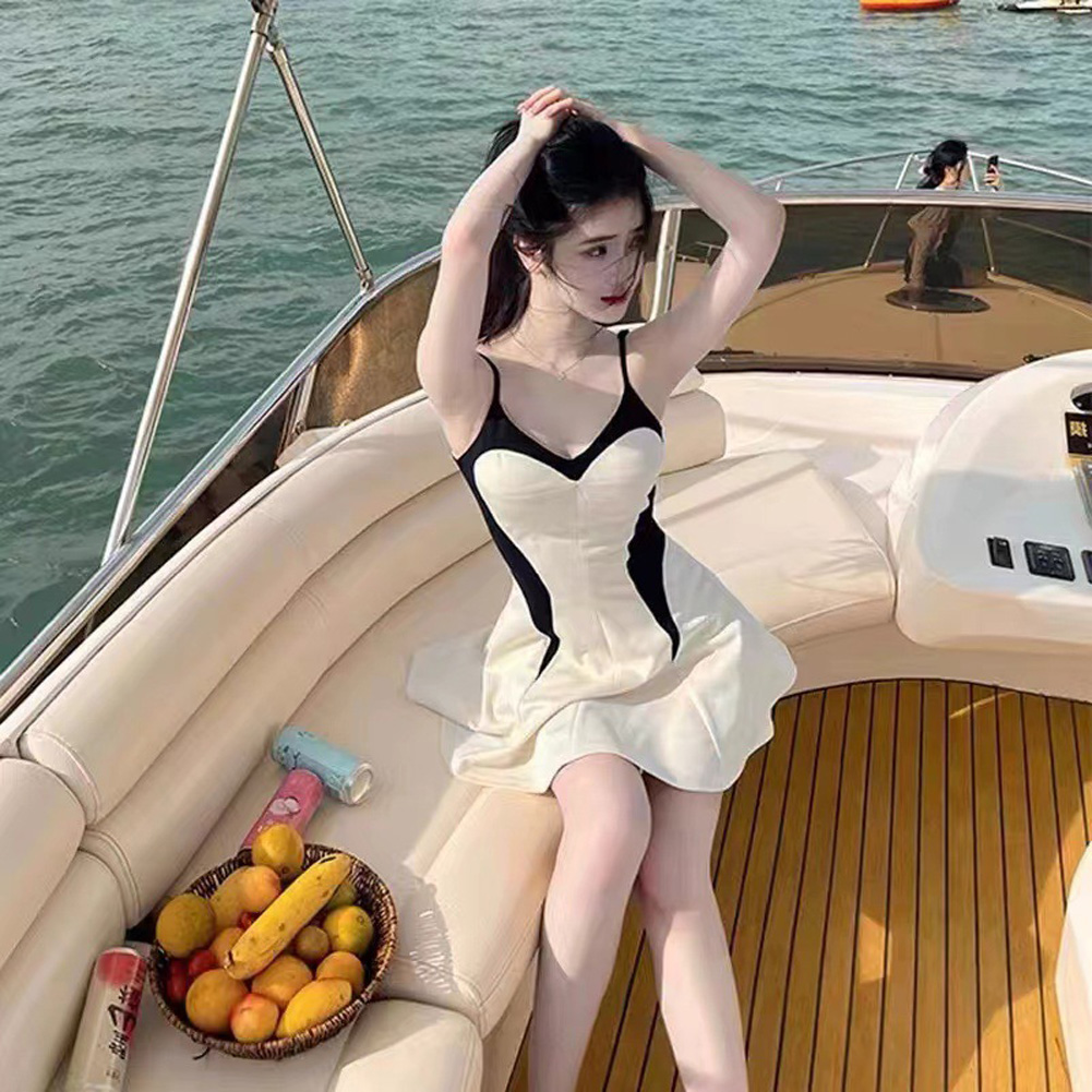 Women One-piece Swimsuit Casual Contrast Color Sleeveless Breathable Conservative Swimwear beige XL