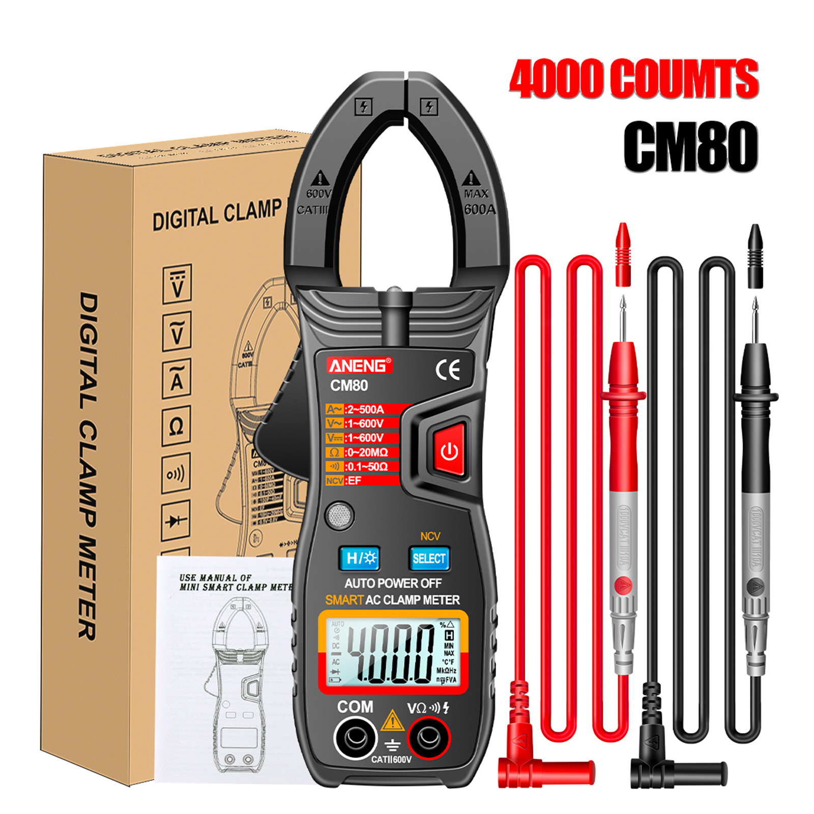 ANENG CM80 Digital Clamp Meter 4000 Counts AC/DC Voltage AC Current NCV