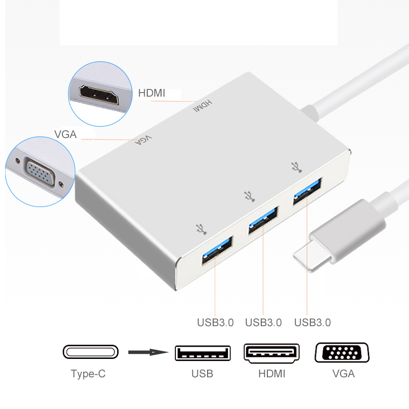 5 in 1 USB-C to 2K HDMI 1080P VGA Adapter Thunderbolt 3 Port Compatible USB 3.0 Converter for Macbook Samsung  Silver