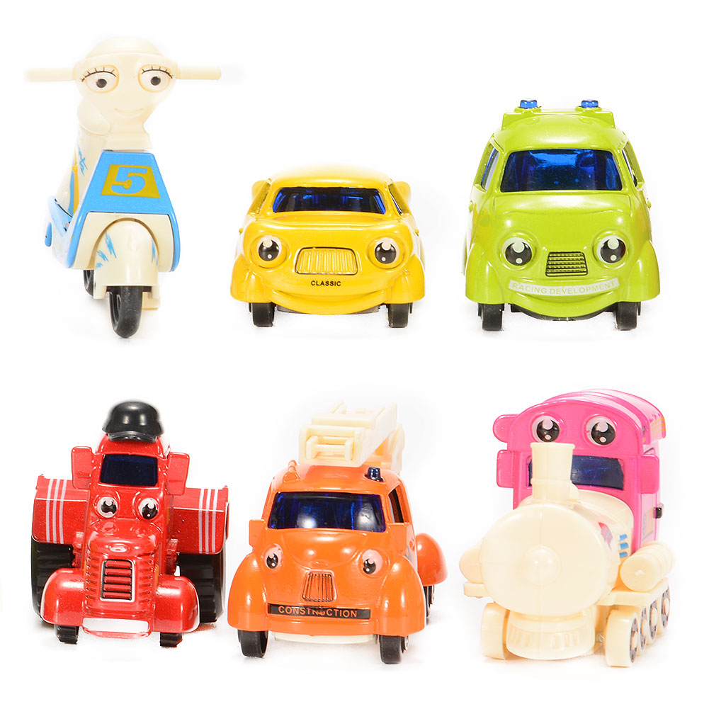 [US Direct] 1/64 Scale Mini Cartoon Diecast Metal Sliding Cars Vehicle Playset (6 Pieces)